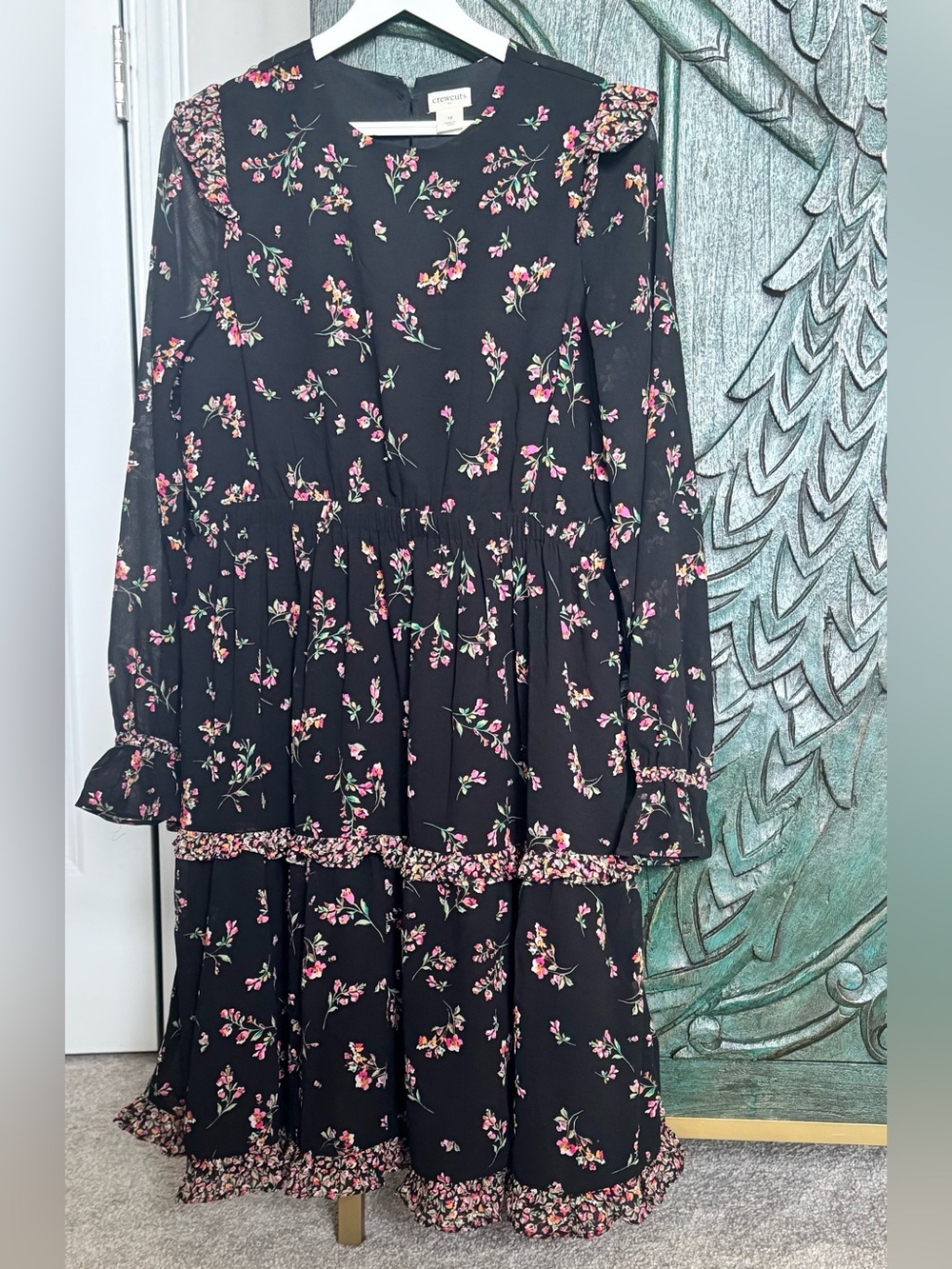 Crewcuts Black Dress with Pink & Green Floral Sprigs
